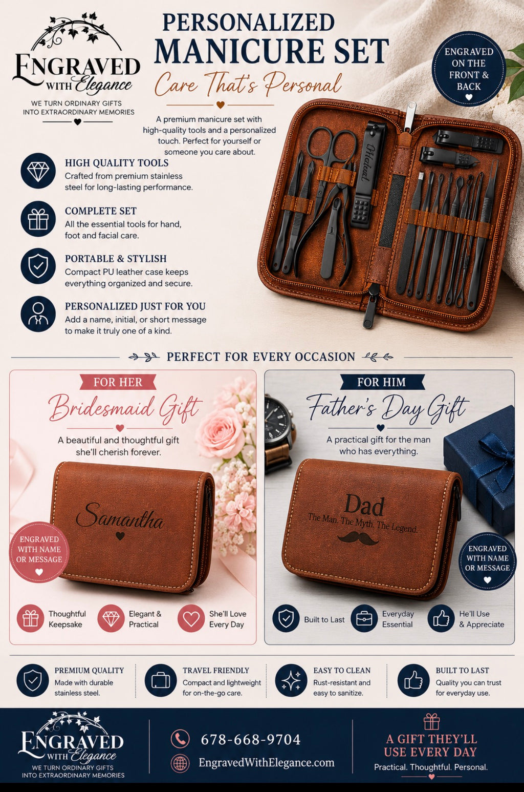 Juego de manicura personalizado Kit de cortauñas profesional-26 piezas Kit de manicura de acero inoxidable, herramientas para el cuidado de las uñas con estuche de viaje de lujo