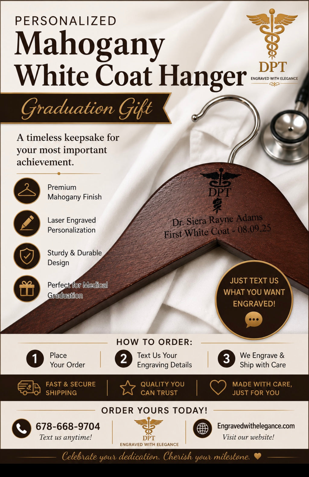 Percha para bata de laboratorio personalizada de caoba, regalo de graduación
