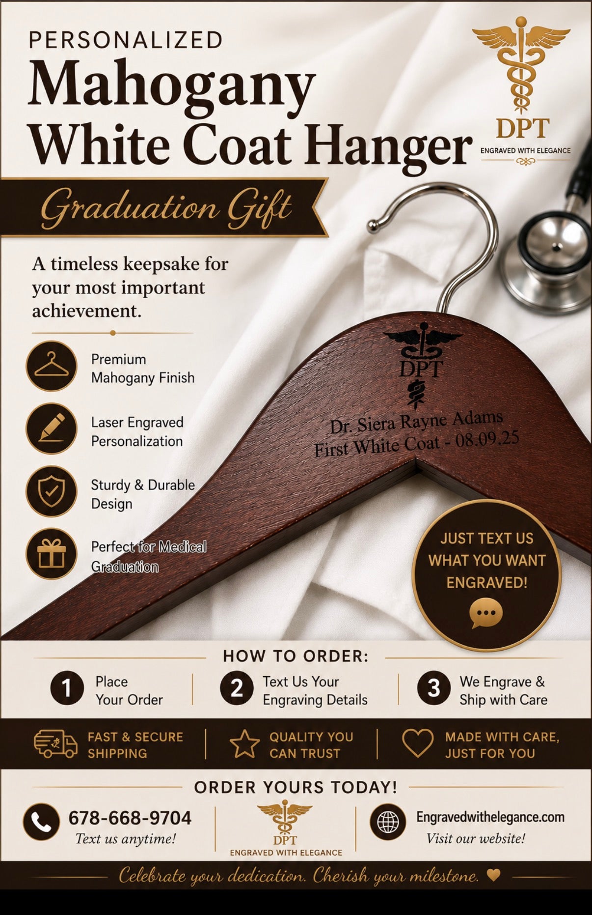 Percha para bata de laboratorio personalizada de caoba, regalo de graduación