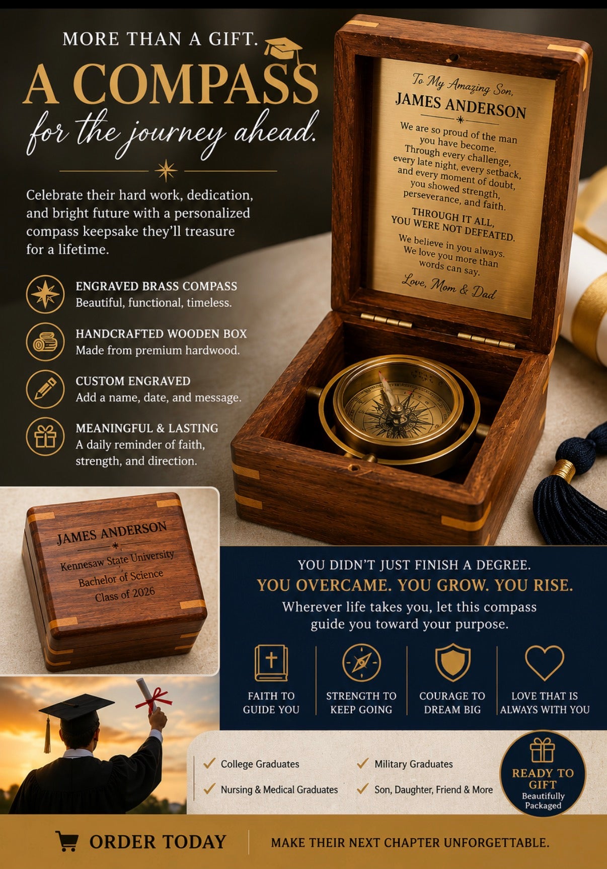 Personalized Engraved Antique Brass Desk Compass Keepsake in Wooden Box – Inspirational Personalized Compass Gift for Graduation, Baptism, Confirmation, Mentor, Leadership, Employee Appreciation
