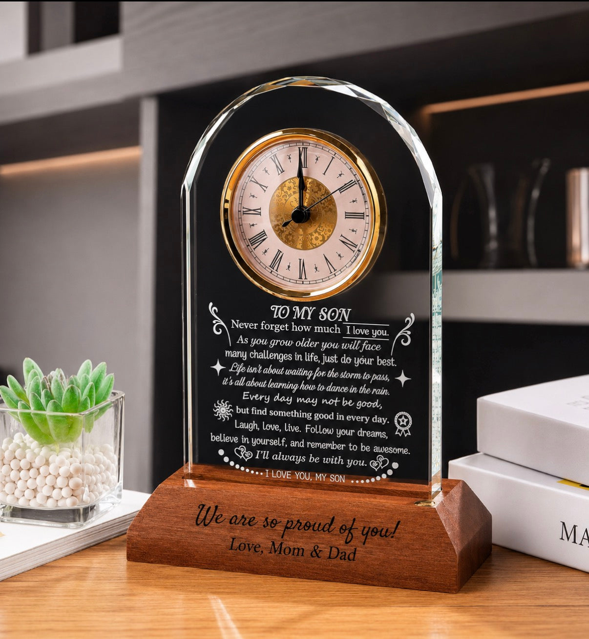 Personalized Wooden clock on base, Graduation, Son, Daughter, Mom, Retirement, Anniversary, Boss, Dad