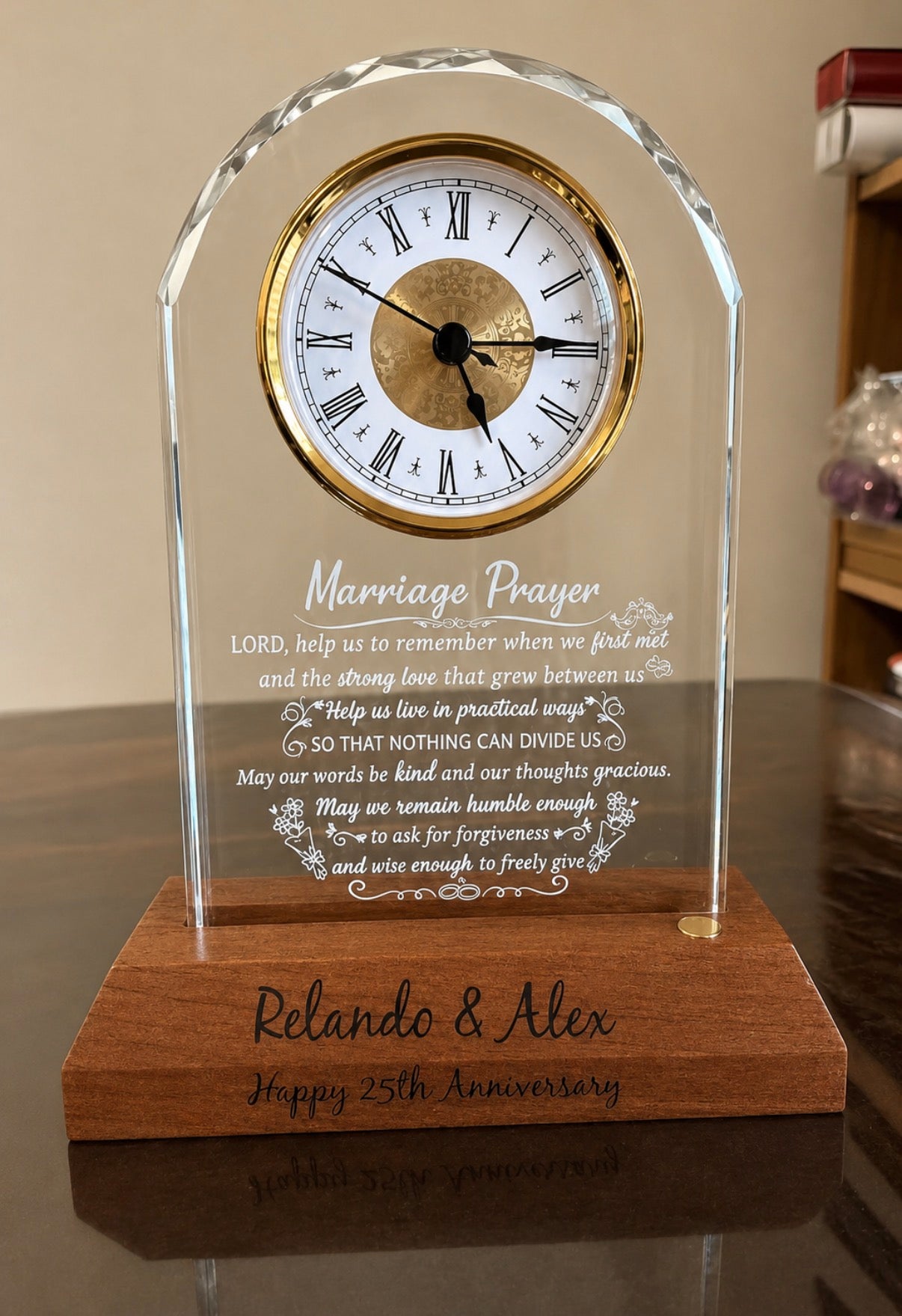 Personalized Wooden clock on base, Graduation, Son, Daughter, Mom, Retirement, Anniversary, Boss, Dad