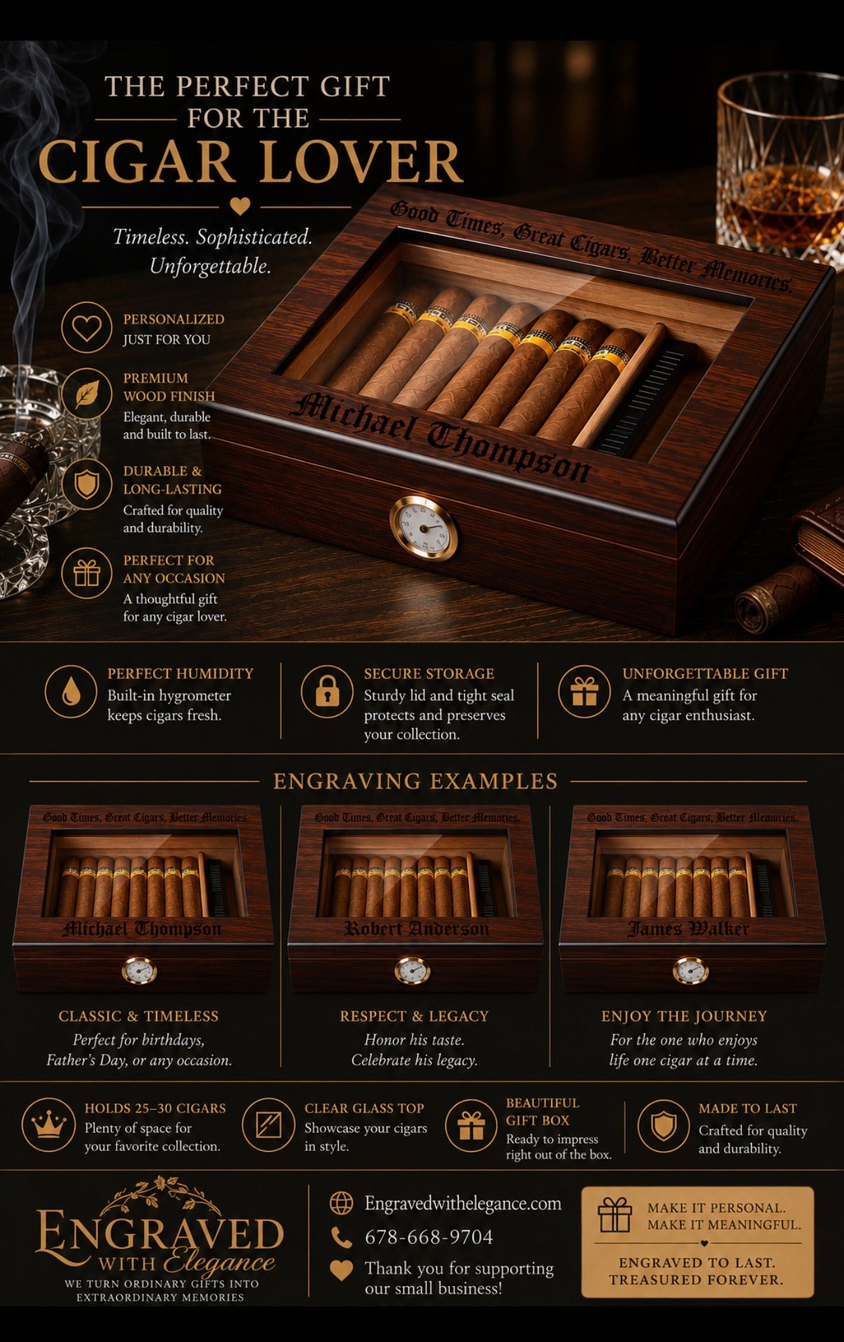 Humidor de viaje de lujo personalizado y potente con capacidad para 7 puros y que los mantiene frescos