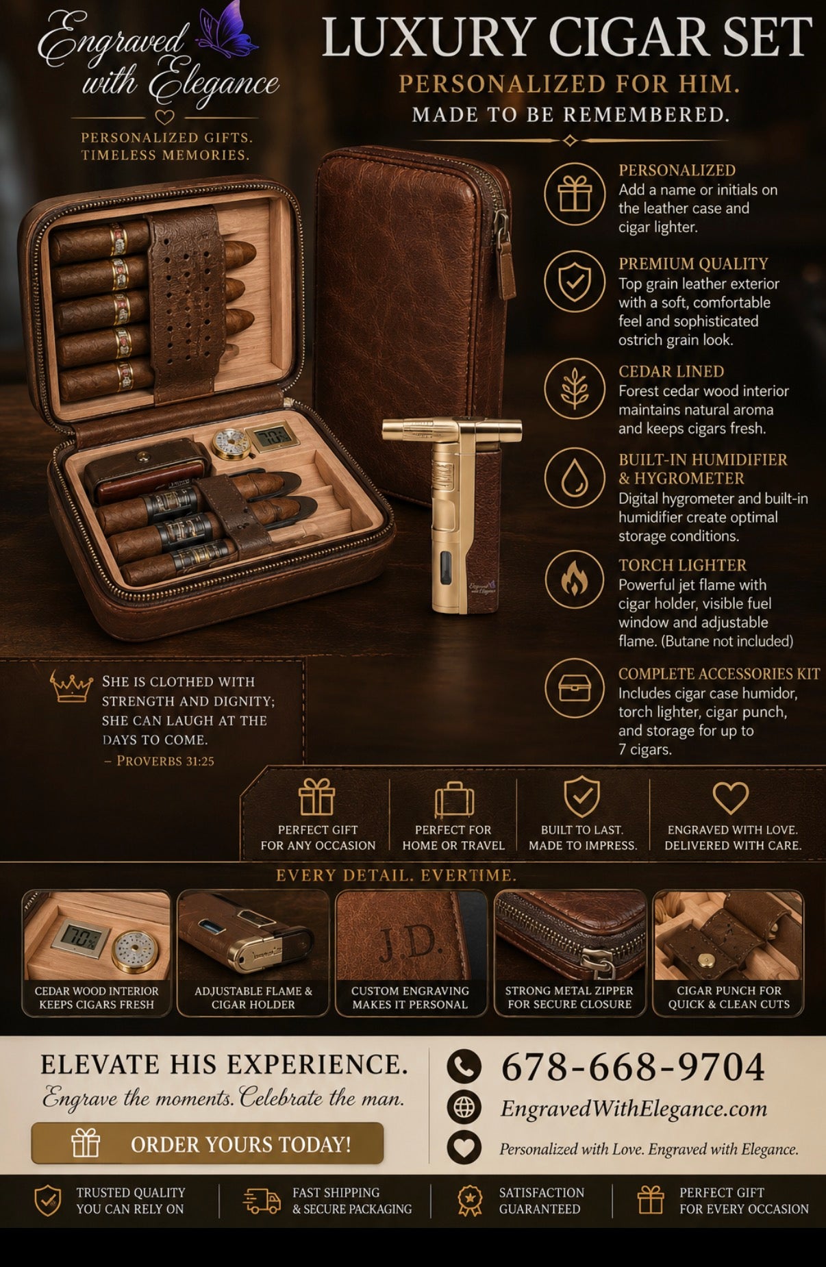 Humidor de puros de cuero personalizado, caja forrada de cedro con encendedor