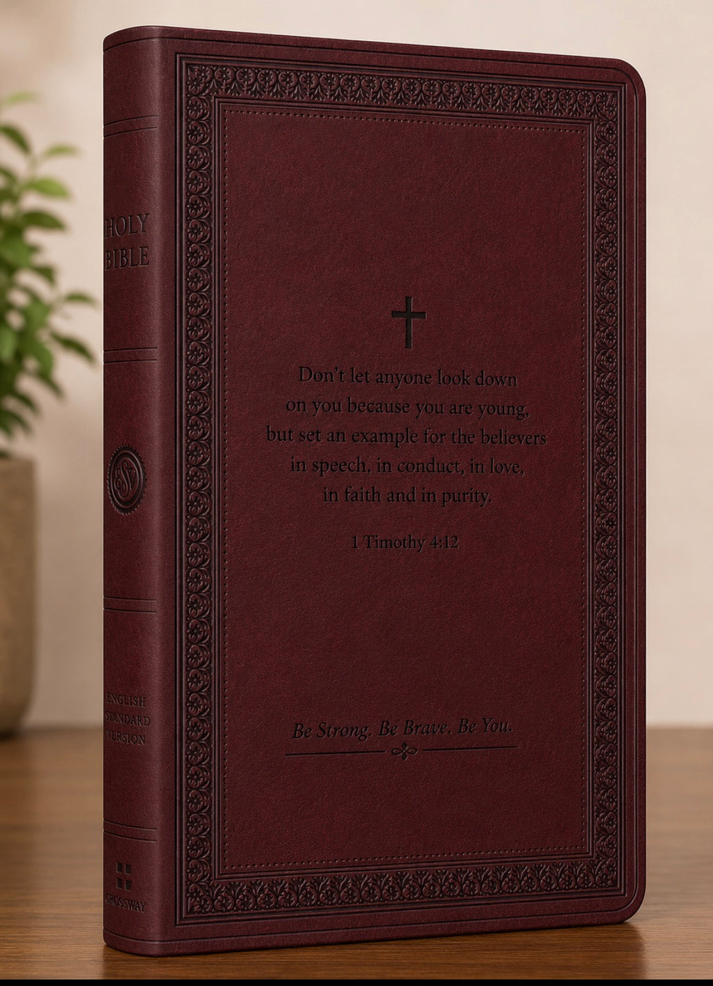 Biblia delgada de gran tamaño ESV personalizada (TruTone, caoba, diseño de borde)