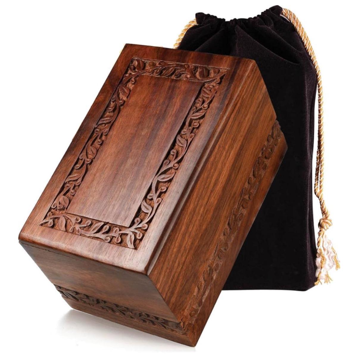 Personalized Wood Urn for Human Ashes | Border Engraved Rosewood Wooden Urns Large Size 200 Cubic Inches | Handcrafted Memorial Urns
