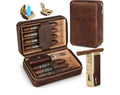 Personalized Scotte Cigar Humidor Box, Cigar Lighter Cedar Wood Lined Leather Cigar Case Built in Hygrometer & Humidifier, Torch Lighter