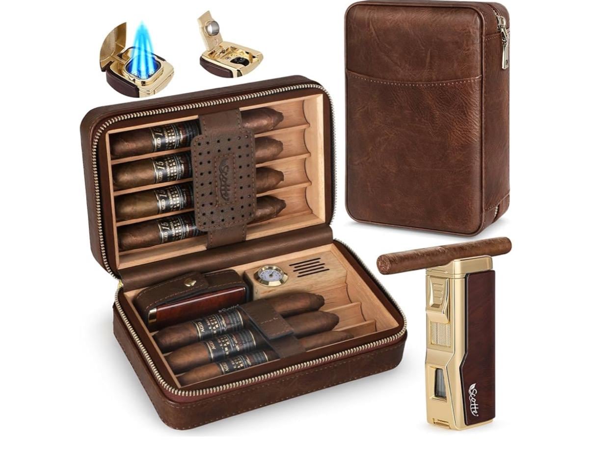 Personalized Scotte Cigar Humidor Box, Cigar Lighter Cedar Wood Lined Leather Cigar Case Built in Hygrometer & Humidifier, Torch Lighter