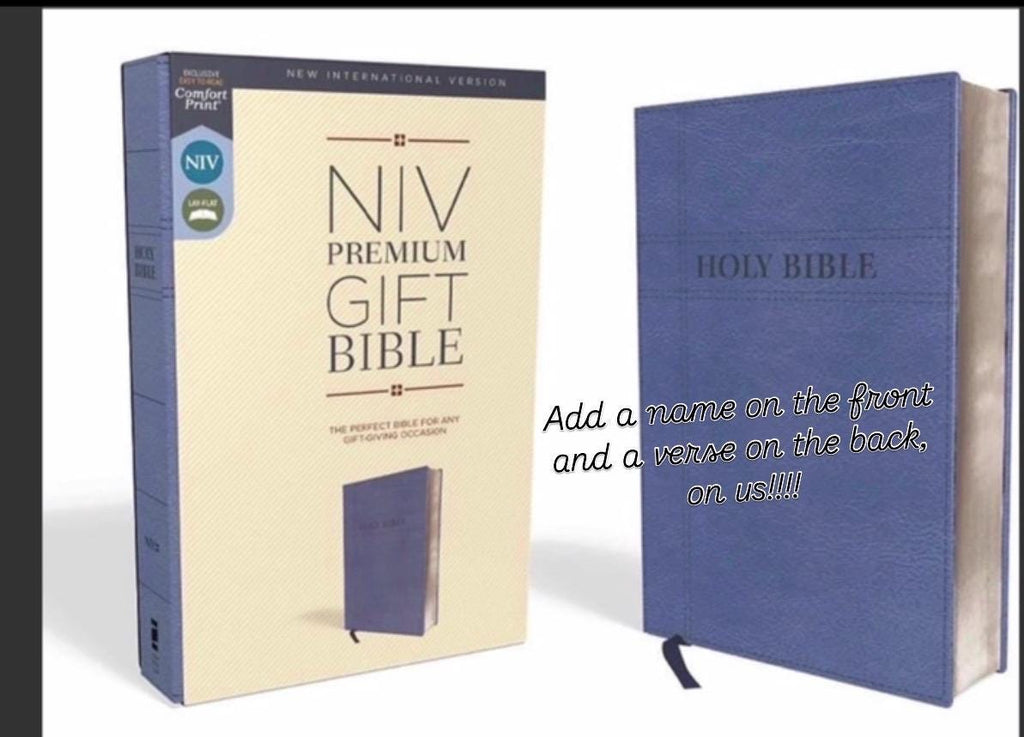 NIV, Biblia de regalo prémium, Nombre personalizado gratis, Piel sintética, Azul marino, Letra roja, Letra legible: