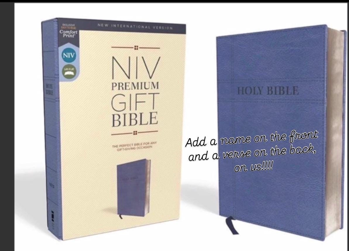 NIV, Biblia de regalo prémium, Nombre personalizado gratis, Piel sintética, Azul marino, Letra roja, Letra legible: