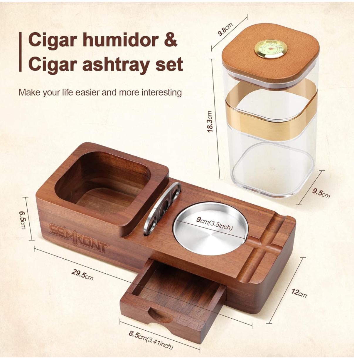 Personalized Cigar Humidor and Ashtray Set,Wooden Tray with Acrylic Humidor Jar,Cutter Holder,Drawer,Slot and Cigar Cutter