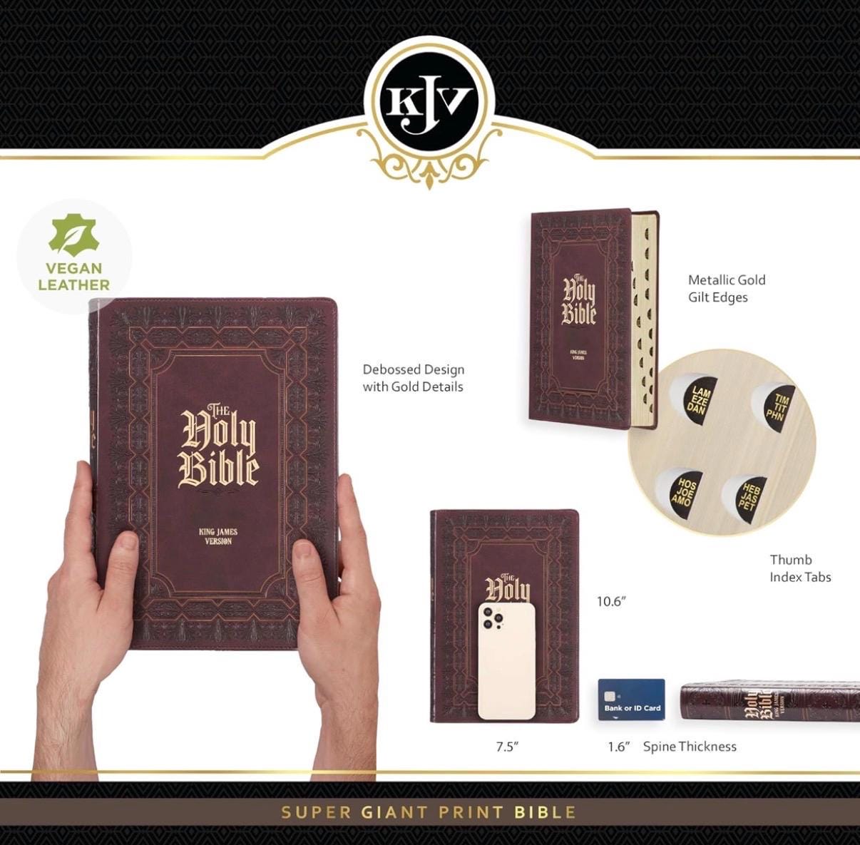 Personalized KJV Holy Bible  Indexed Super Giant Print, Burgundy Faux Leather, Red Letter Edition with Ribbon Marker