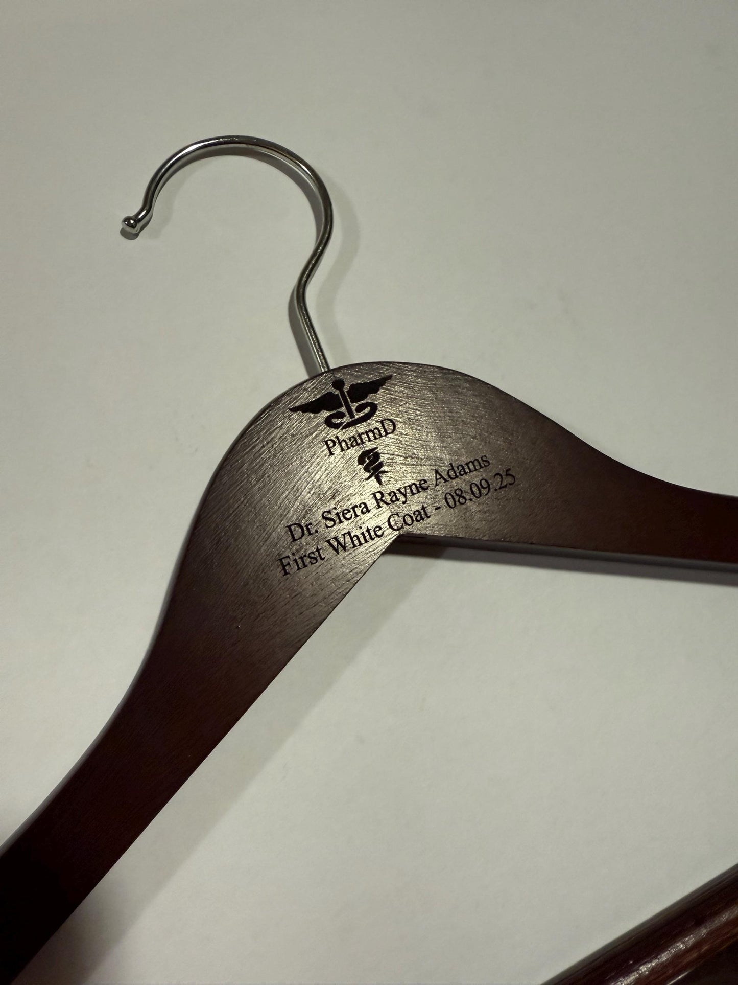 Personalized Mahogany White Coat Hanger, Graduation Gift