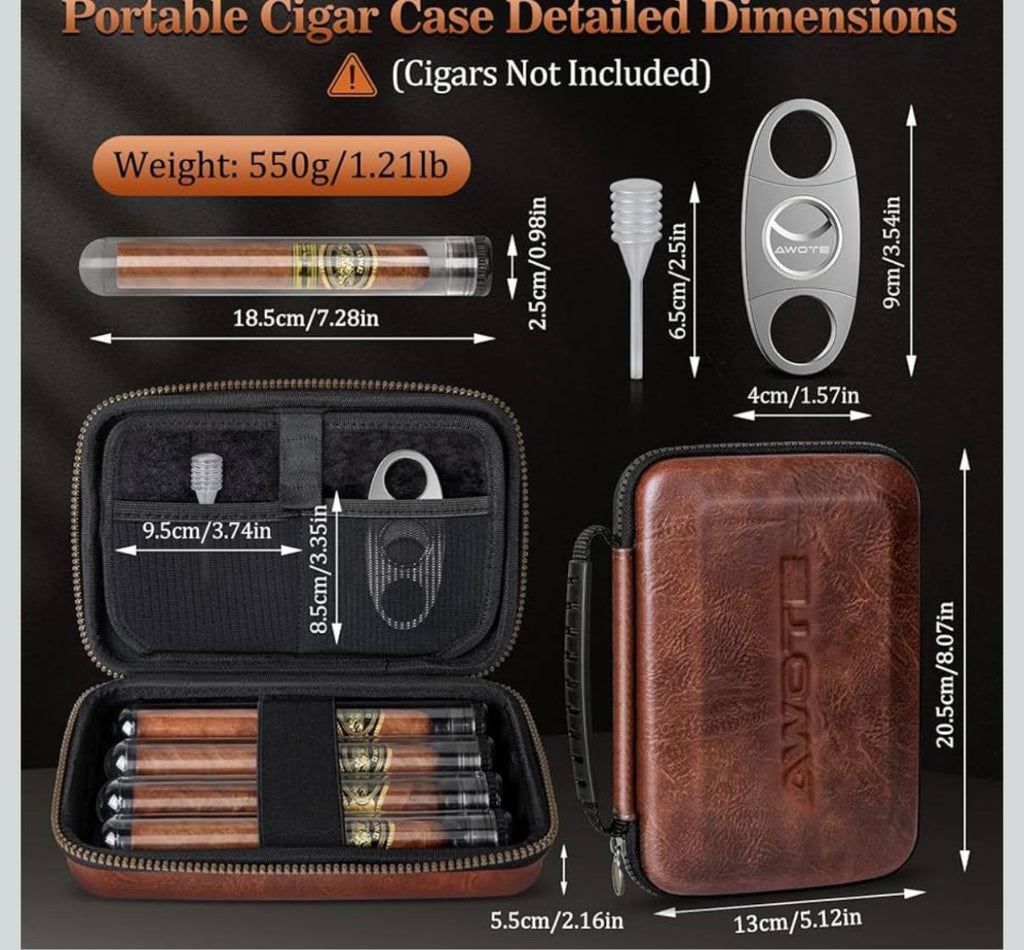 Caja Humidor de Viaje Personalizada con Encendedor y Estuche Portátil de Cuero con 4 Tubos y Accesorios para Puros