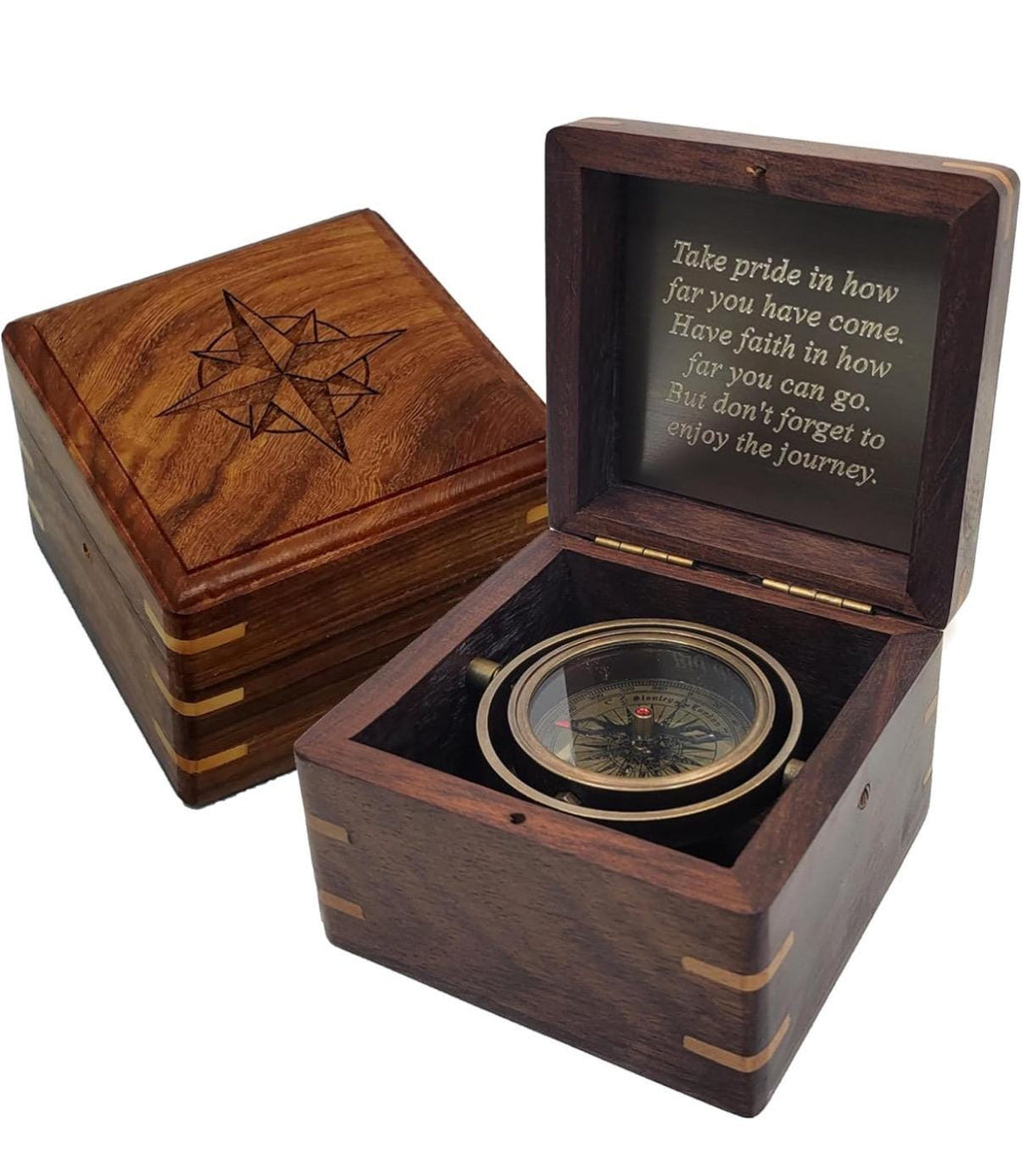 Personalized Compass | Antique Brass, Wood Box, Stanley London