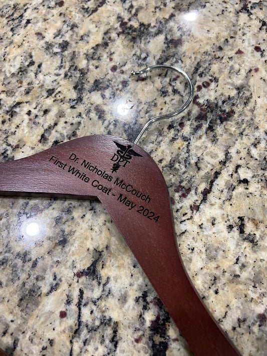 Personalized Mahogany White Coat Hanger, Graduation Gift