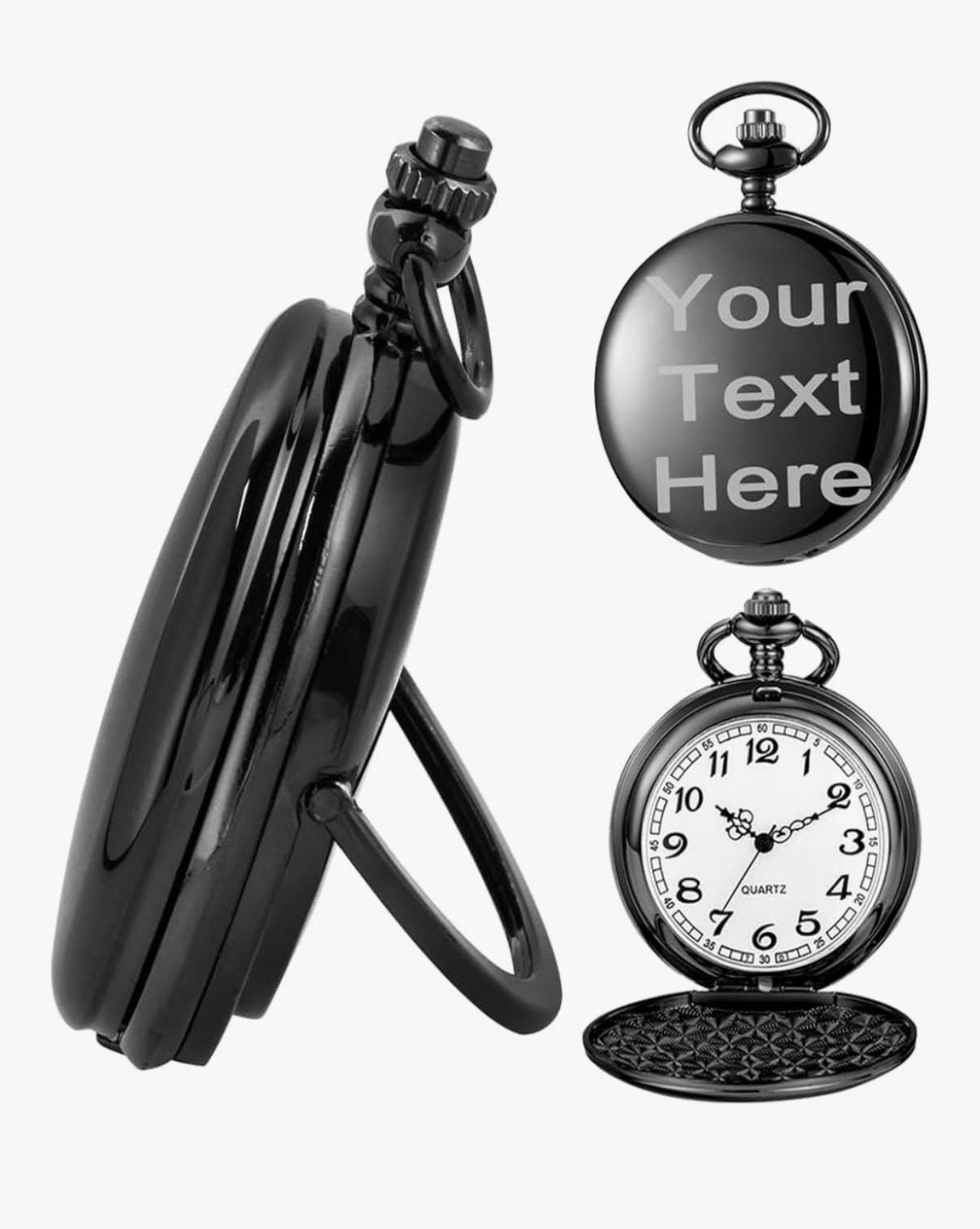 Personalized Pocket Watch - Smooth Case, Arabic Numerals, Chain