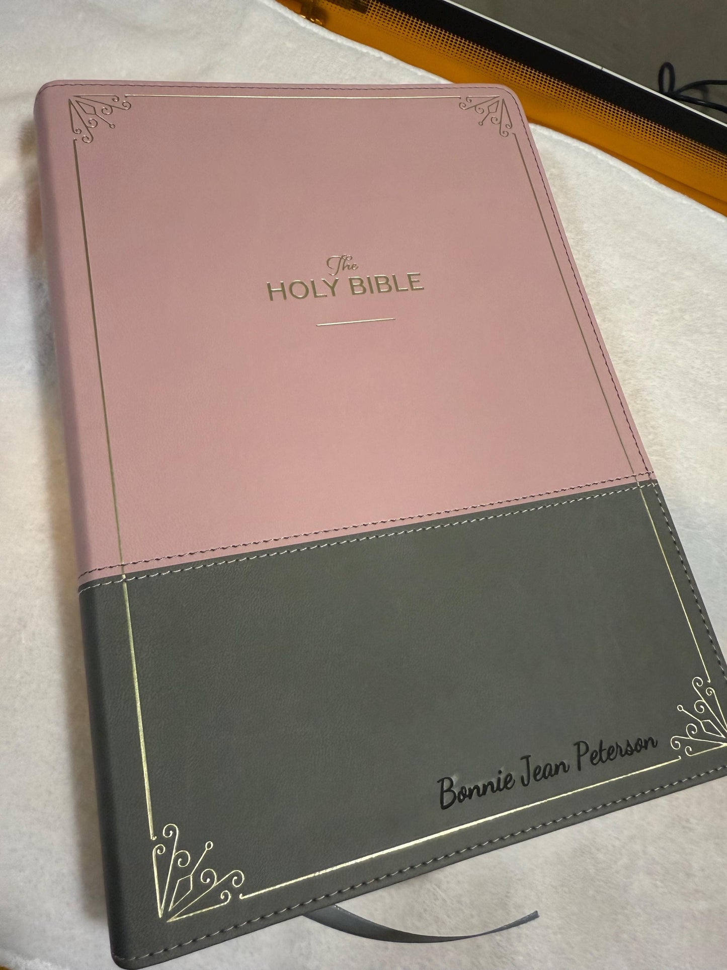 Personalized KJV Holy Bible, Super Giant Print Faux Leather Red Letter Edition - Ribbon Marker, King James Ver, Pink/Gray (KJV Super Giant