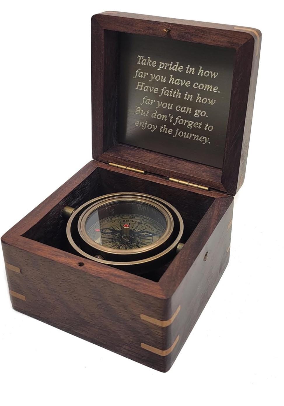 Personalized Compass | Antique Brass, Wood Box, Stanley London