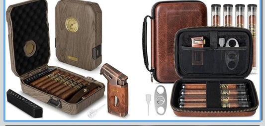 Personalized Travel Cigar Humidor Box with Cigar Lighter and Portable Leather Cigar Case with 4 Cigar Tubes & Cigar Accessories