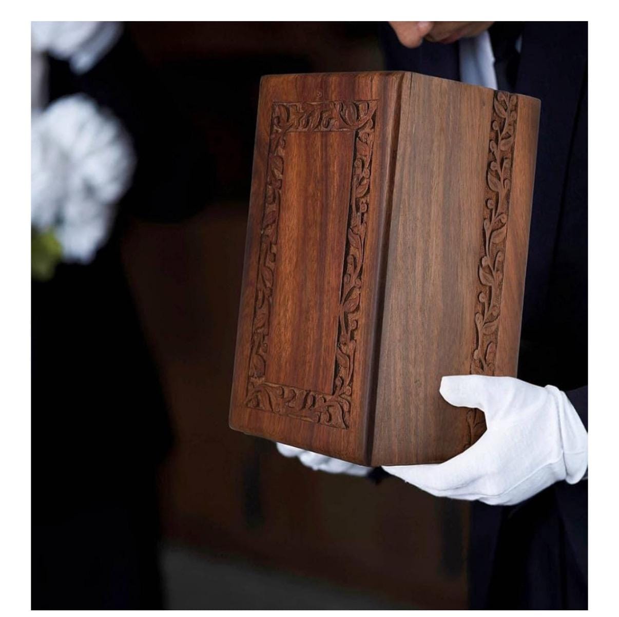 Urna de madera personalizada para cenizas humanas | Urnas de madera de palo de rosa grabadas con borde de tamaño grande de 200 pulgadas cúbicas | Urnas conmemorativas hechas a mano