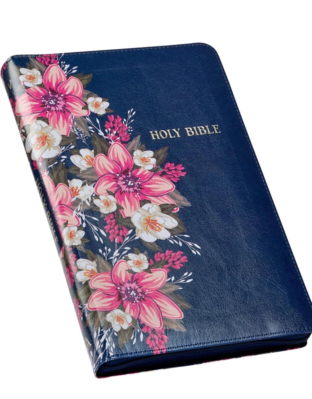 KJV Holy Bible Standard Size Faux Leather Red Letter Edition Thumb Index & Ribbon Marker, King James Version, Blue Floral, Zipper Closure