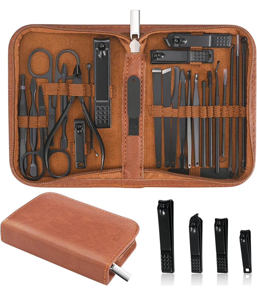 Juego de manicura personalizado Kit de cortauñas profesional-26 piezas Kit de manicura de acero inoxidable, herramientas para el cuidado de las uñas con estuche de viaje de lujo