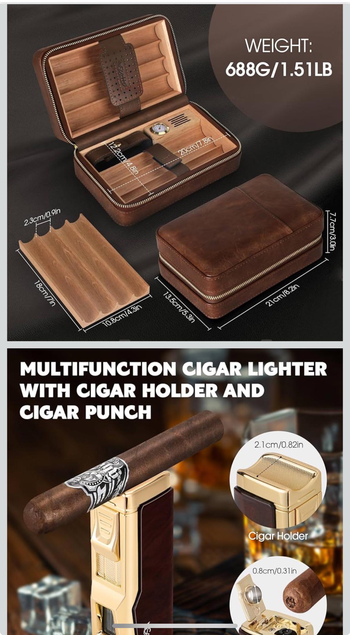 Personalized Scotte Cigar Humidor Box, Cigar Lighter Cedar Wood Lined Leather Cigar Case Built in Hygrometer & Humidifier, Torch Lighter