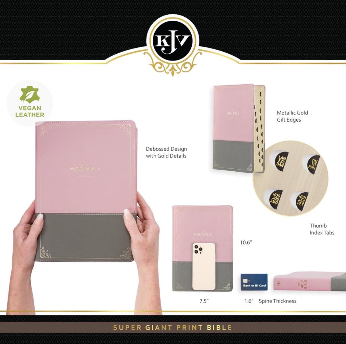 Personalized KJV Holy Bible, Super Giant Print Faux Leather Red Letter Edition - Ribbon Marker, King James Ver, Pink/Gray (KJV Super Giant