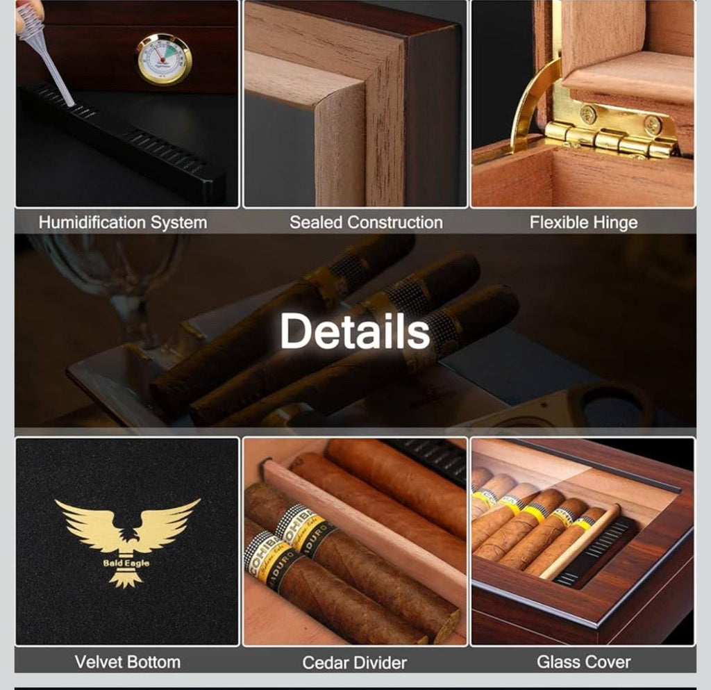 Personalized Bald Eagle Handmade Cigar Humidor, Cedar Cigar Desktop Box with Humidifier and Hygrometer, Glass Top for 25 Cigars (20-25 Cigar