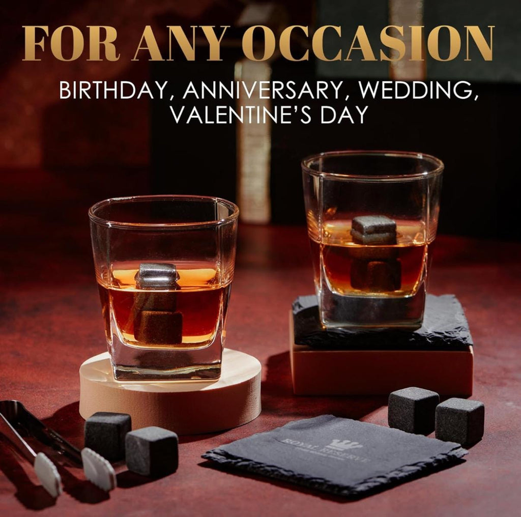Set de regalo de piedras de whisky personalizadas de Royal Reserve, vasos de whisky escocés y bourbon artesanales, piedras enfriadoras, posavasos y pinzas