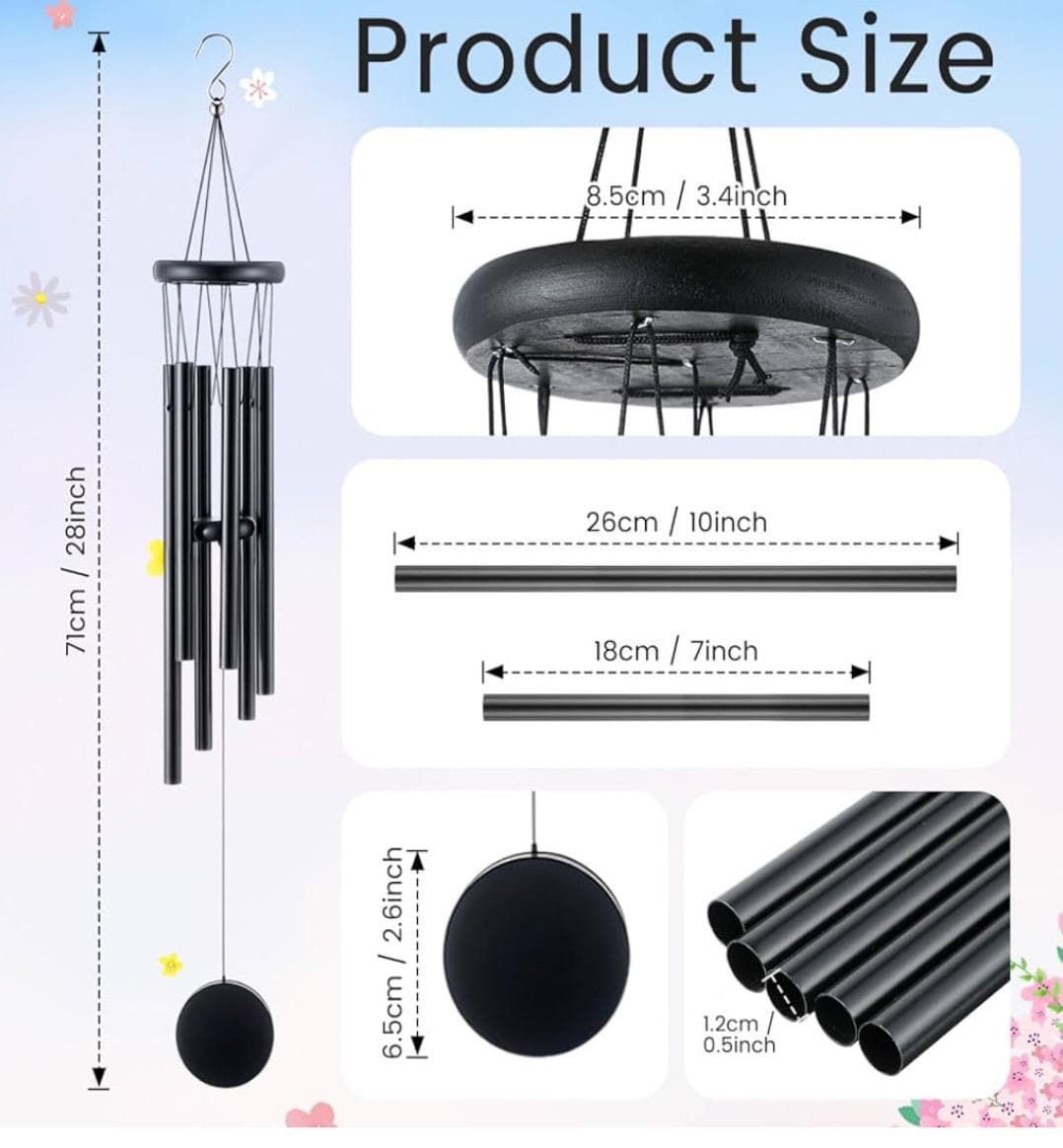 Campanas de viento rústicas personalizadas de 6 piezas para exterior, campanillas de viento de 71 cm de tono profundo con 6 tubos de aluminio, las más geniales para exteriores conmemorativas