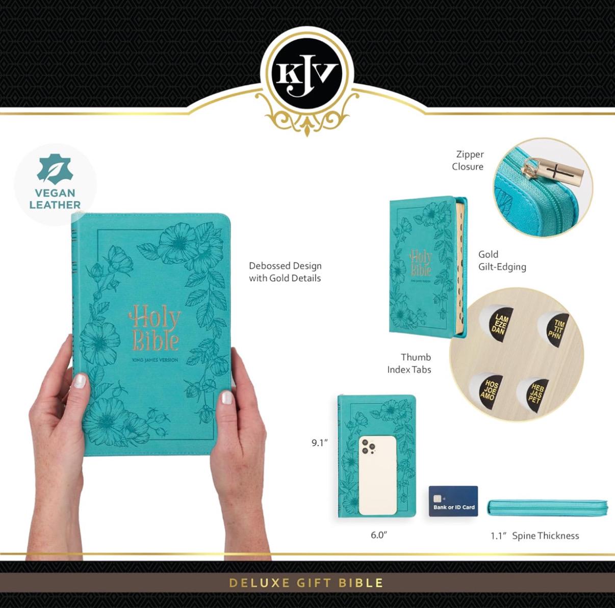 Personalized KJV Holy Bible, Standard Size Faux Leather Red Letter Edition Thumb Index, Ribbon Marker, King James Version,  Floral Zipper