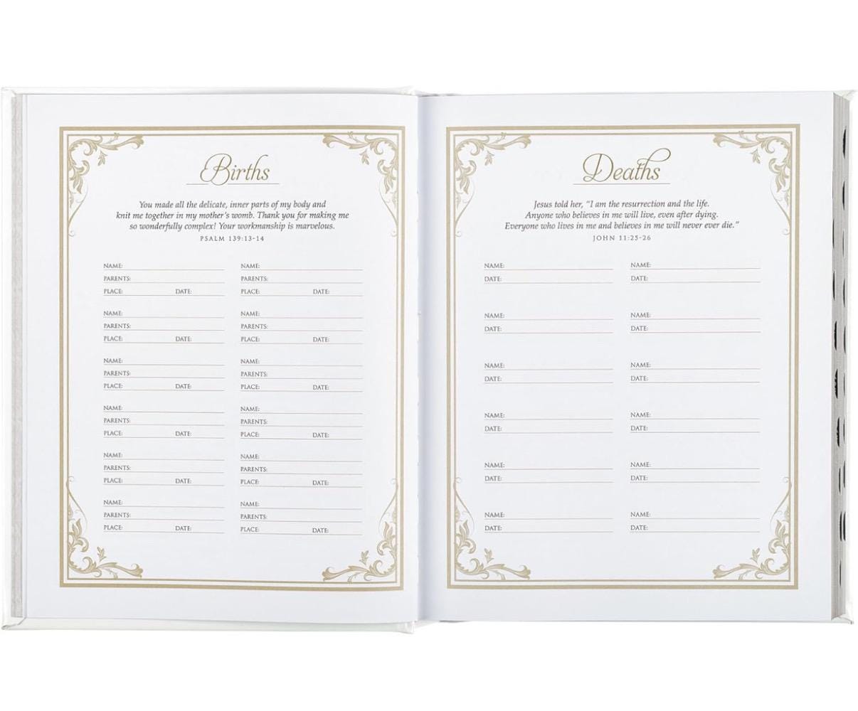 Personalize the family name and a verse. NLT Family Heritage Bible, Large Print Family Heirloom Devotional Bible for Study