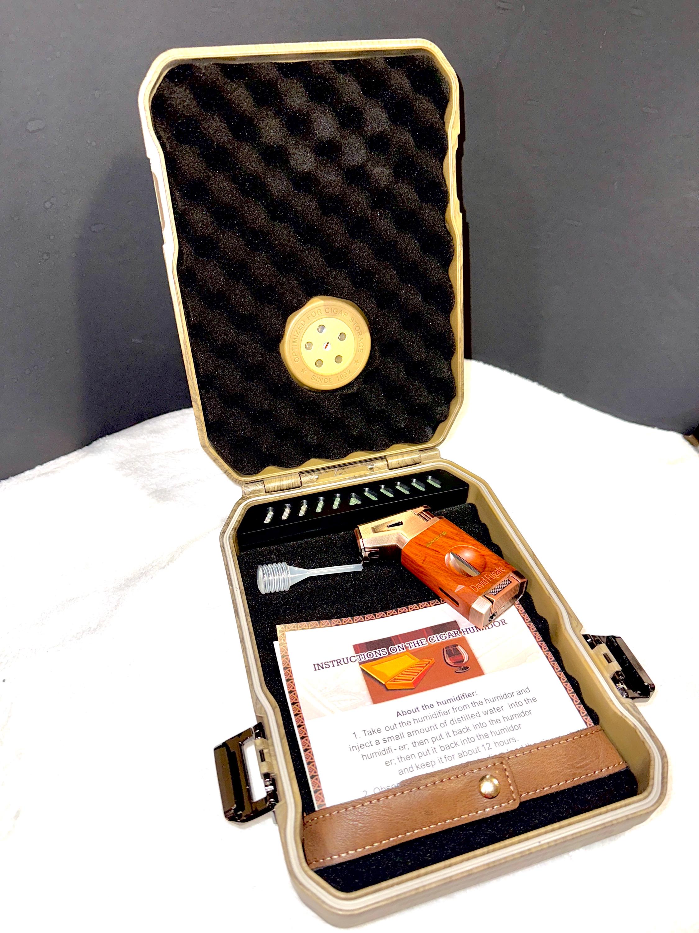 Personalized Travel Cigar Humidor Case - Cedar Lined, V Cut Cutter, Portable Humidor with Humidifier & Hygrometer, Holds 7-9 Cigars