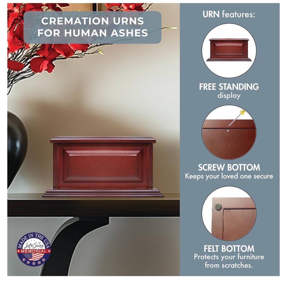 Urnas de madera personalizadas Lifesong Milestones de cerezo con forma de caja de sombra | Caja de urna de cremación conmemorativa para cenizas humanas de adulto