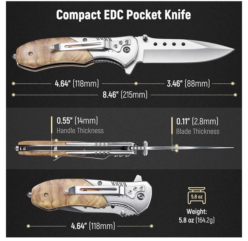 Personalized Folding Pocket Knife - 3.46" Sharp Blade Olive Wood Handle