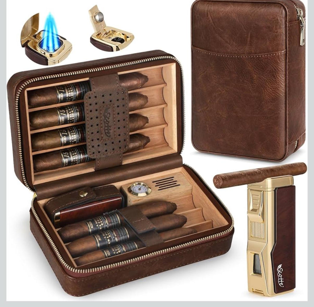 Personalized Scotte Cigar Humidor Box, Cigar Lighter Cedar Wood Lined Leather Cigar Case Built in Hygrometer & Humidifier, Torch Lighter