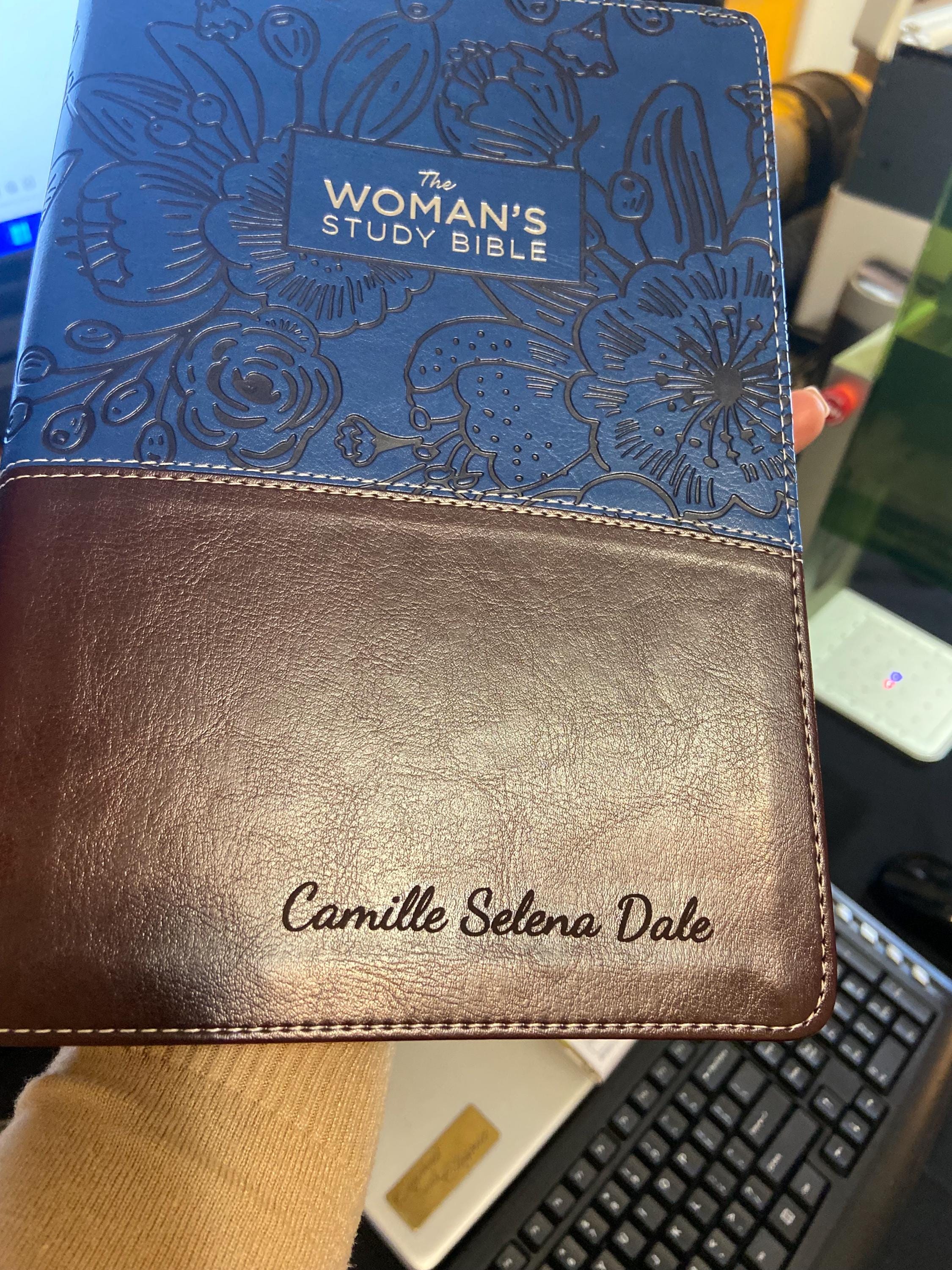 Personalized NIV The Woman's Study Bible | Leathersoft, Blue/Brown, Full-Color, Red Letter - Custom Laser Engraving