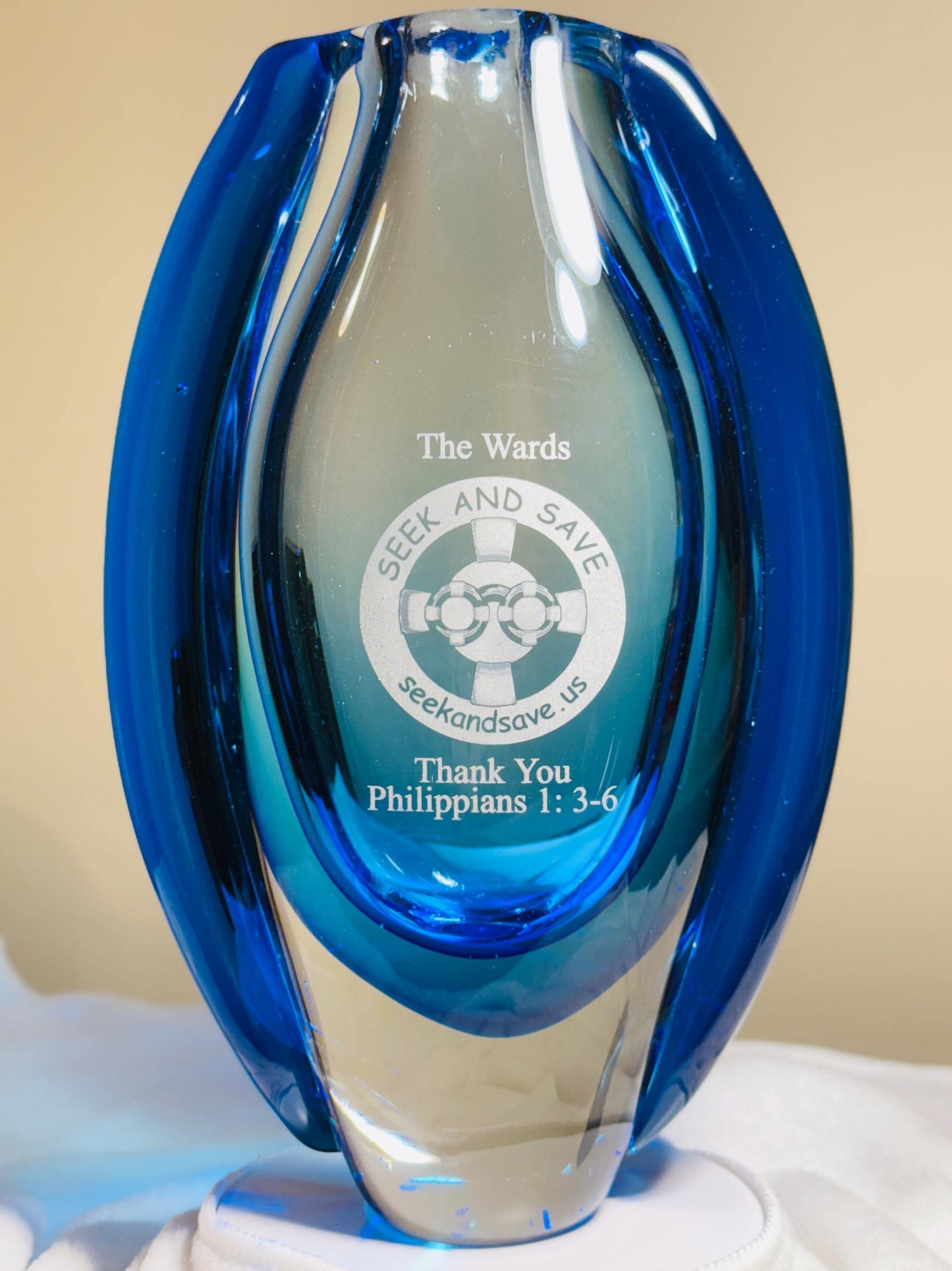 Personalized  Hand Blown Sommerso Oval Art Glass Vase for Decor Centerpiece Table Decoration Blue 10” inch Tall
