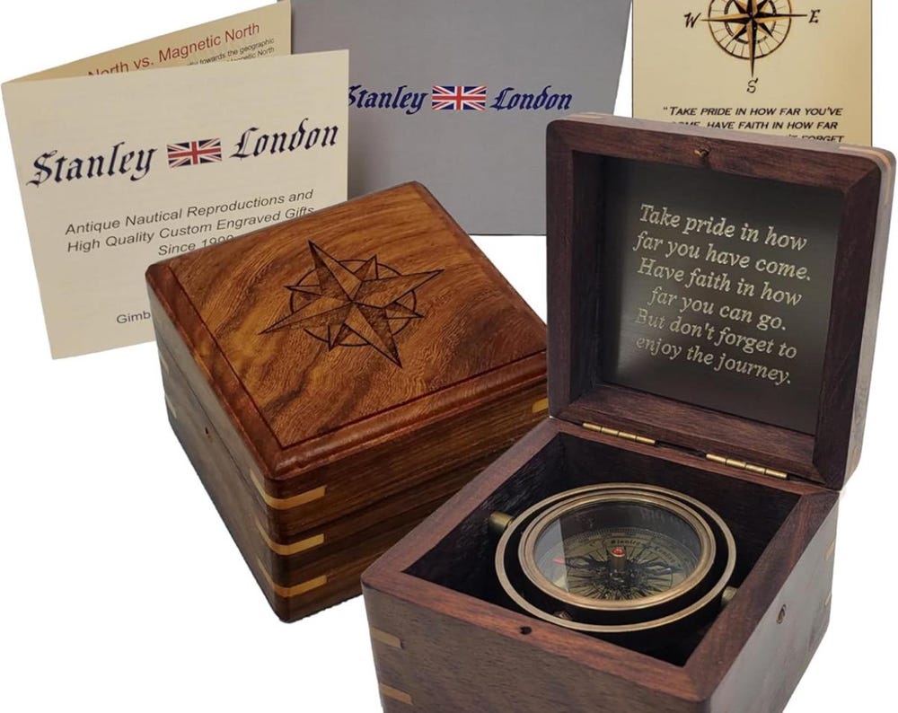 Personalized Engraved Antique Brass Desk Compass Keepsake in Wooden Box – Inspirational Personalized Compass Gift for Graduation, Baptism, Confirmation, Mentor, Leadership, Employee Appreciation