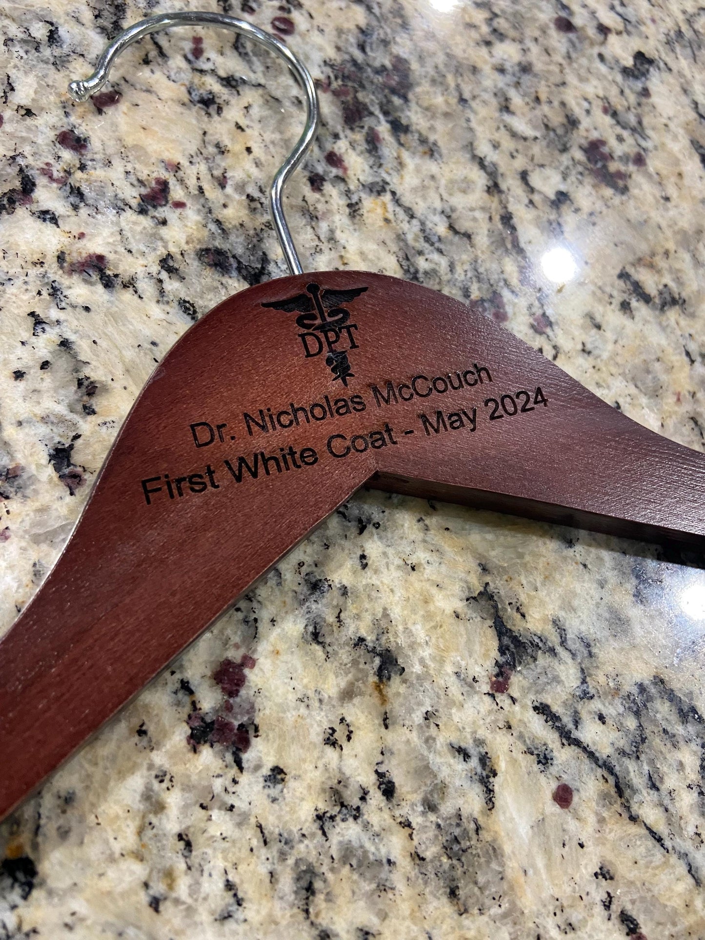 Personalized Mahogany White Coat Hanger, Graduation Gift