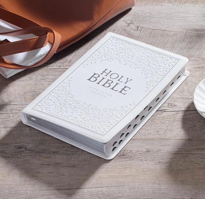 Personalized White Faux Leather KJV Bible, Thumb Index, Red Letter Edition