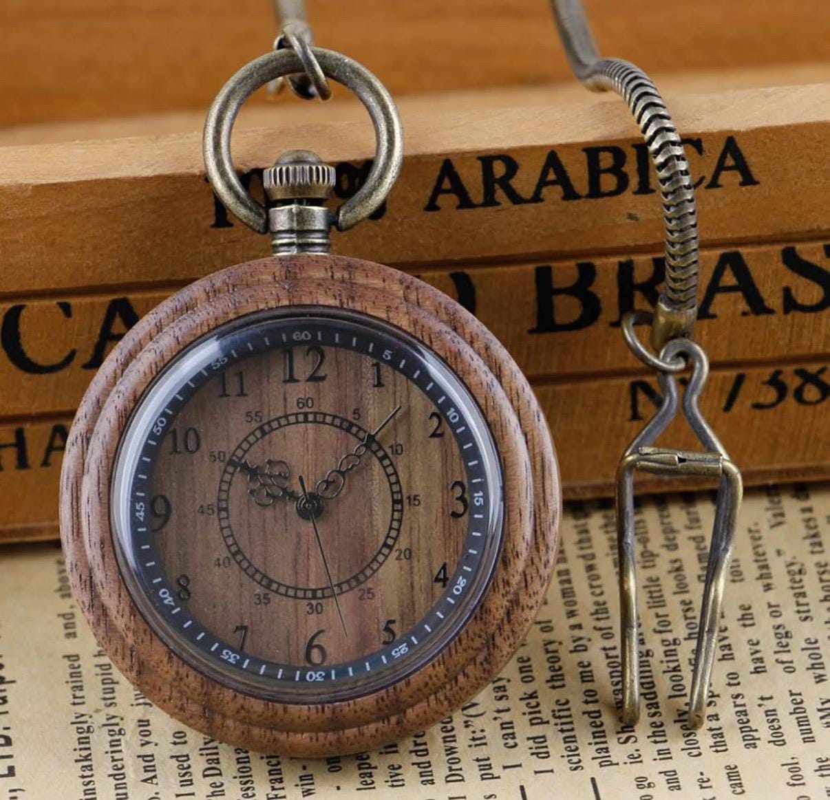 Engraved Bamboo Wooden Pocket Watch, Personalized Quartz Analog