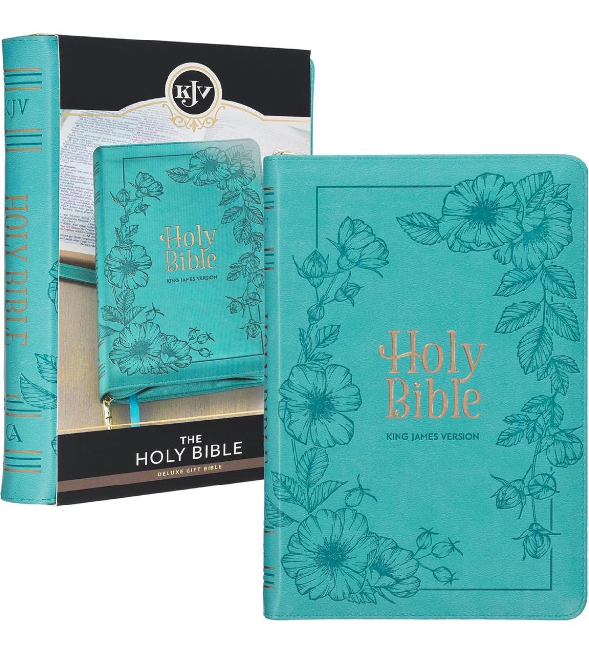 Personalized KJV Holy Bible, Standard Size Faux Leather Red Letter Edition Thumb Index, Ribbon Marker, King James Version,  Floral Zipper