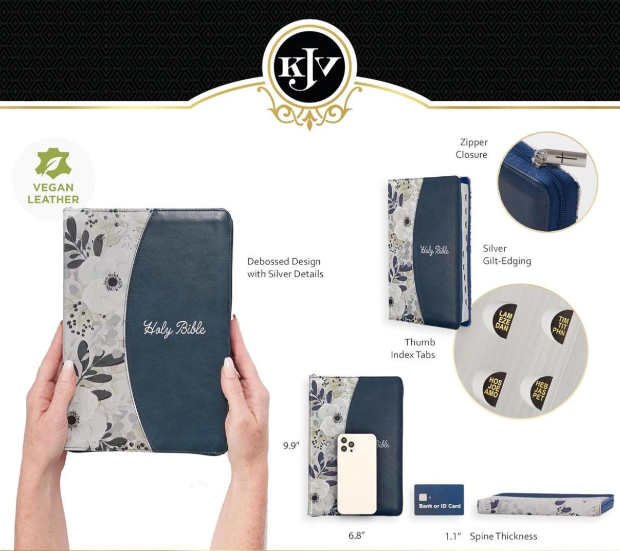 Personalized KJV Holy Bible, Thinline Large Print Faux Leather Red Letter Edition Thumb Index Ribbon Marker, King James Version, Blue Zipper