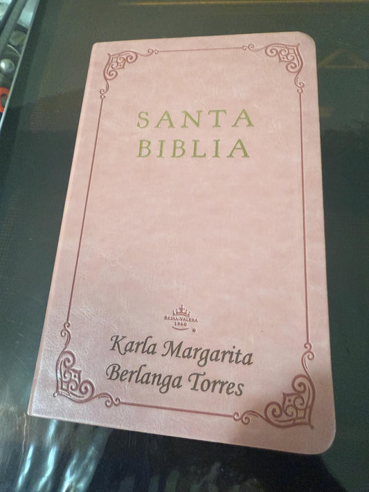 Personalized Biblia RVR 1960 letra grande tamaño manual, Piel rosada con índice / Spanish Bible RVR 1960 Handy Size Large Print