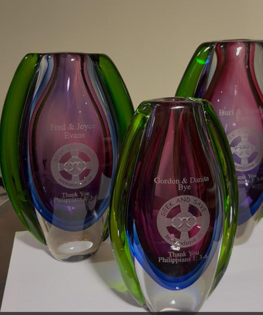 Personalized  Hand Blown Sommerso Oval Art Glass Vase for Decor Centerpiece Table Decoration Blue 10” inch Tall