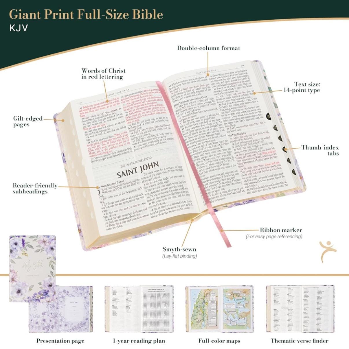 Personalized KJV 14ptBible, Giant Print Full-size Red Letter Edition, Thumb Index Tabs & Ribbon Marker, King James Version, Vegan Leather