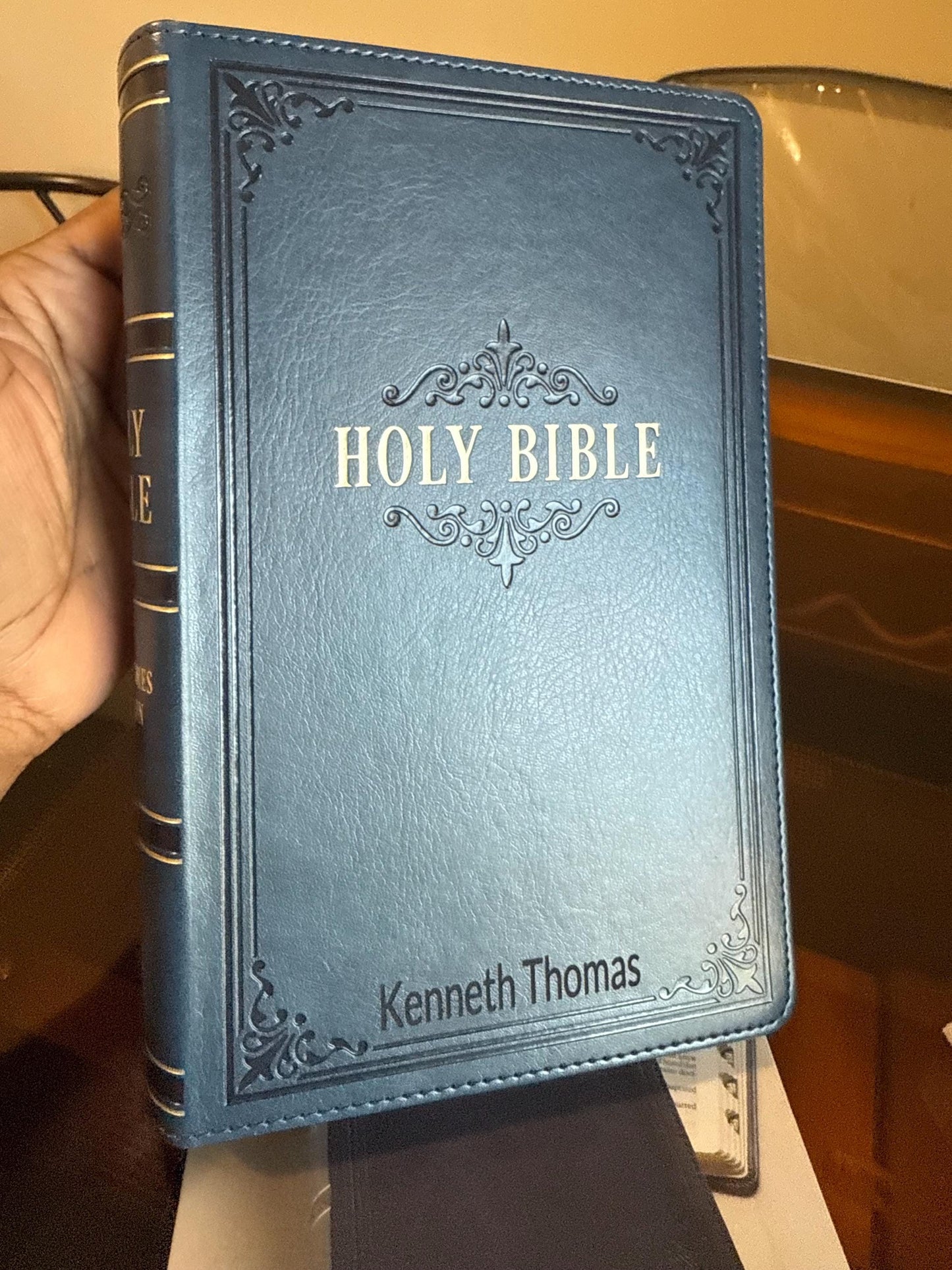Personalized KJV Holy Bible, Thinline Large Print Faux Leather Red Letter Edition Thumb Index Ribbon Marker, King James Version, Blue Zipper